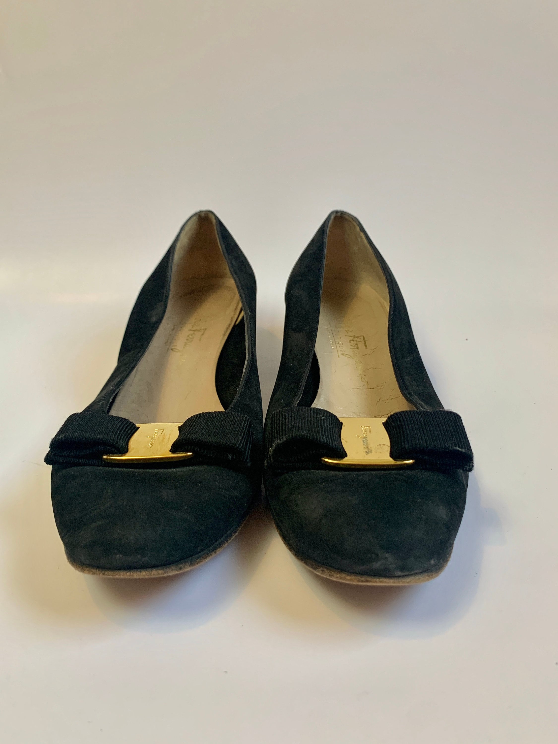 Vintage 1990s Bow Pump Heels // Black Suede Ferragamo Shoes Made