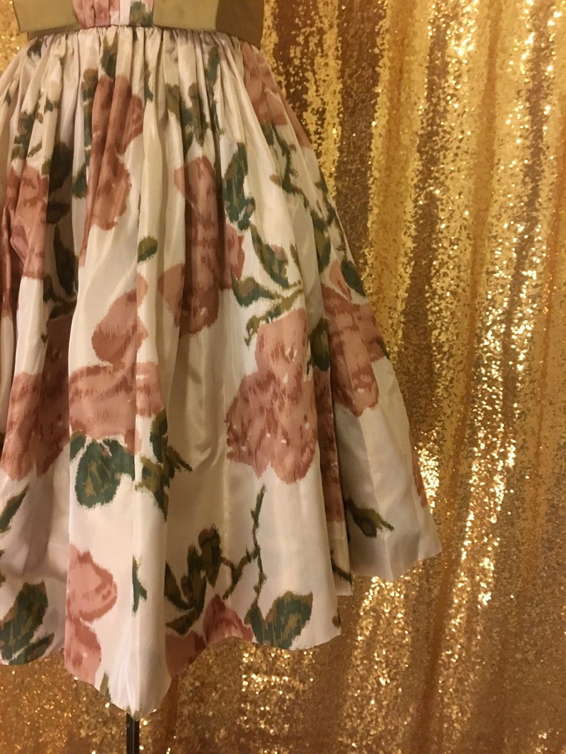 1950s Taffeta Party Dress Brown Floral Silk Dress Fit and Flare Full Skirt Alternative Wedding Bridesmaid Dress Small XS