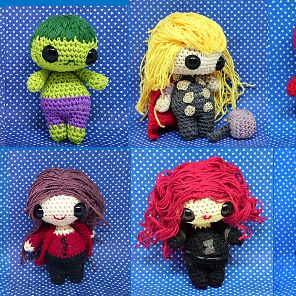 Avengers full set amigurumi style 8 PDF crochet patterns - Iron man Captain america, Thor, Hulk, Black widow...