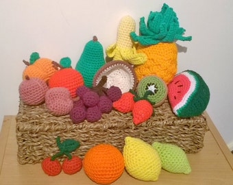 15 fruit crochet patterns, pineapple, watermelon, grapes, kiwi, strawberry, plums, peach, pear....