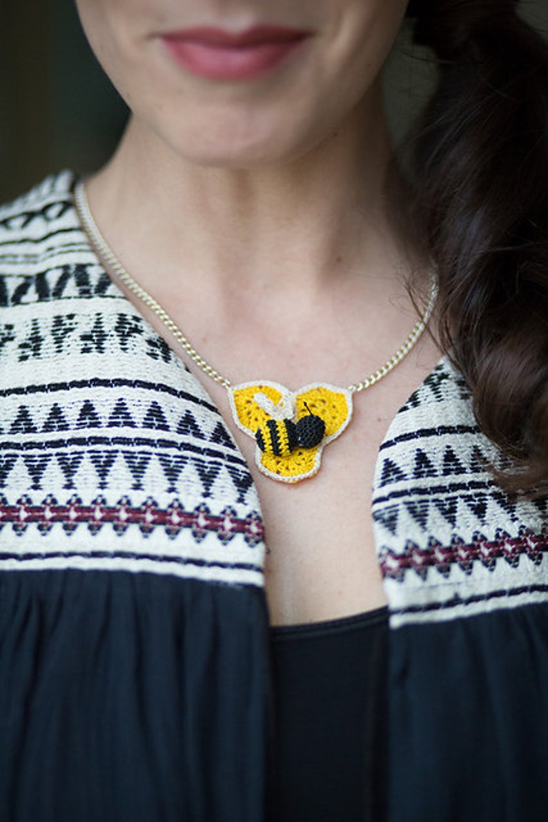 Bee and honeycomb micro crochet pendent necklace PDF crochet pattern image 2