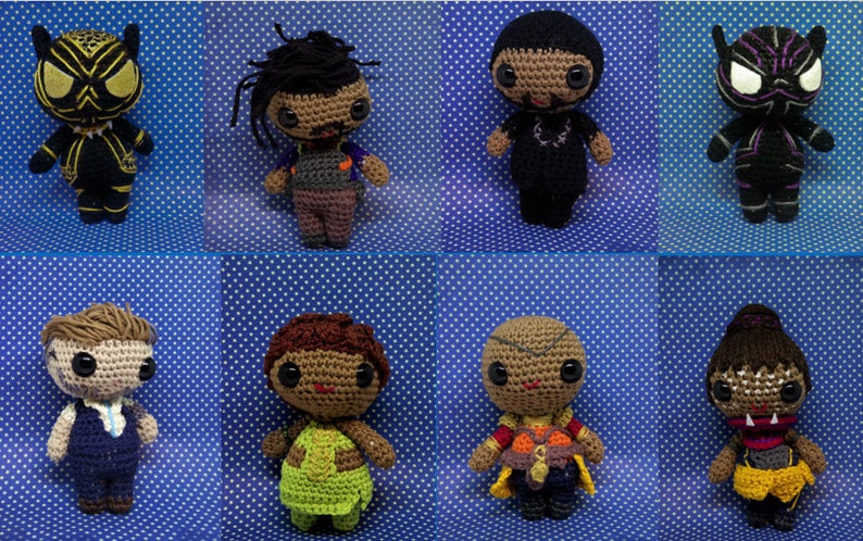 Black Panther amigurumi full set of eight PDF crochet pattern T'Challa, Okoye, Nakia, Shuri, Killmonger, Klaw image 1