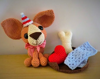 Party chihuahua dog, hat, basket, blanket, bone and heart amigurumi PDF crochet pattern