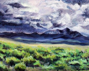 May include: A painting depicting a landscape with a mountain range in the background and a field of green bushes in the foreground. The sky is a dark blue with white clouds.