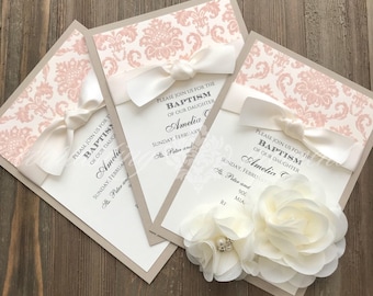 baptism invitations girls greenery blush ivory modern gold