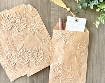 Embossed Floral Kraft Paper Gift Bags 4x6 | Handmade Botanical Stationery Pockets | Neutral Journal Envelopes | Rustic Paper Favor Bags