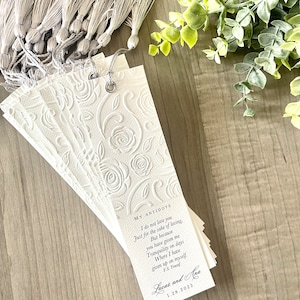 25 Literary Wedding Bookmark Favor Quote Bible Verse Rose Embossed Anniversary Save the Date Church Funeral Tassel image 4