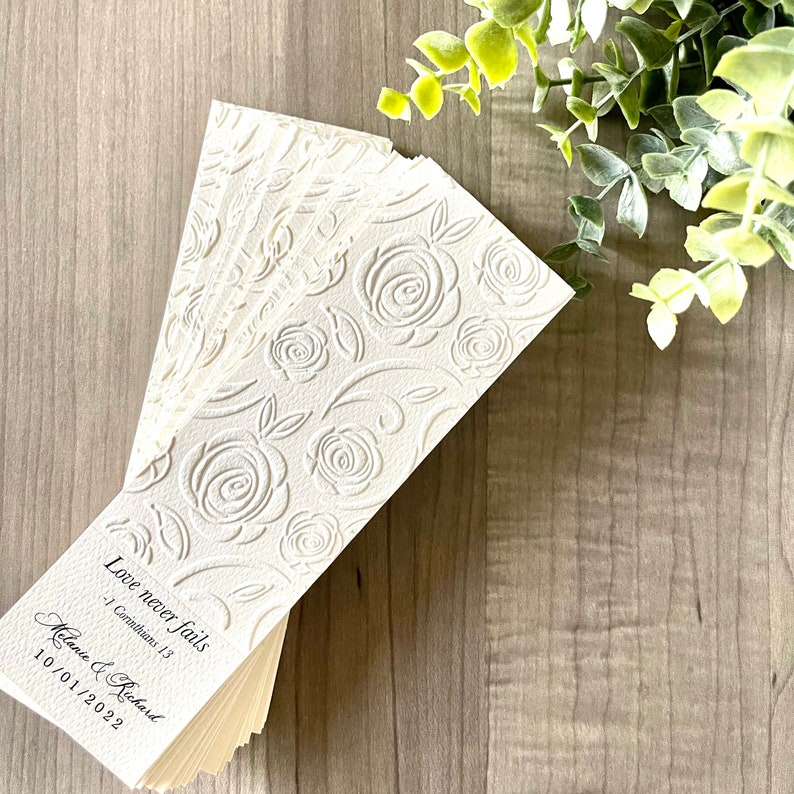 25 Literary Wedding Bookmark Favor Quote Bible Verse Rose Embossed Anniversary Save the Date Church Funeral Tassel image 5