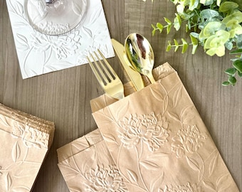 Embossed Peony Wedding Favor Bags - Floral Gift Bag - Rustic Kraft (5x8)