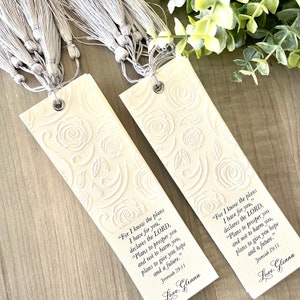 25 Literary Wedding Bookmark Favor Quote Bible Verse Rose Embossed Anniversary Save the Date Church Funeral Tassel image 7