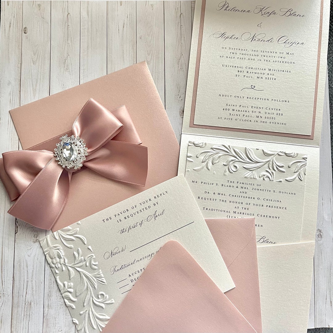 Luxury Embossed Pocket Folder Invitation Wedding Ivory Mauve Dusty Pink