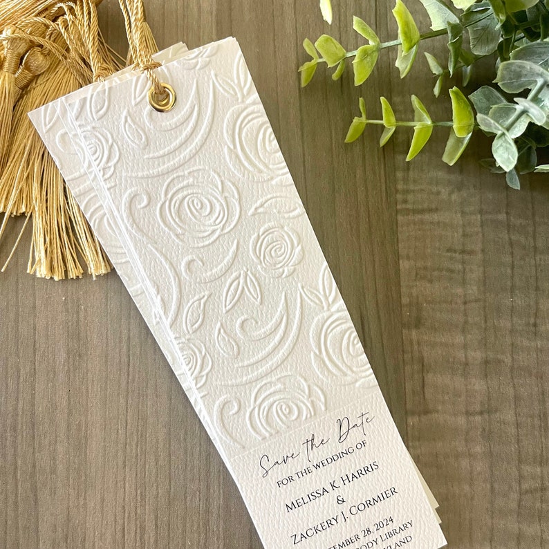 25 Literary Wedding Bookmark Favor Quote Bible Verse Rose Embossed Anniversary Save the Date Church Funeral Tassel image 8
