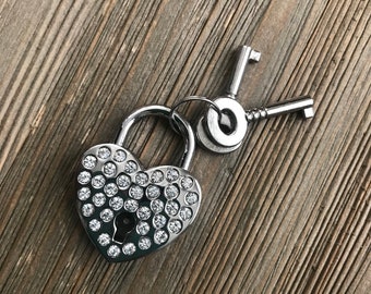 Silver Heart Rhinestone Lock and Key - Wedding Embellishment - Heart Luggage Lock - Love Lock Bridge - Heart Lock and Key Set - Diary