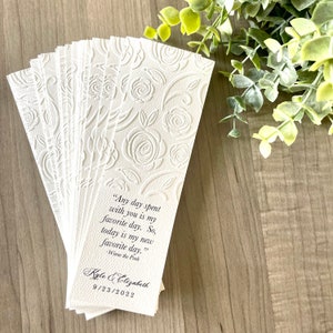 25 Literary Wedding Bookmark Favor Quote Bible Verse Rose Embossed Anniversary Save the Date Church Funeral Tassel image 1
