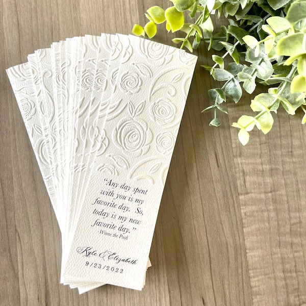 25+ Literary Wedding Bookmark Favor -  Quote - Bible Verse - Rose Embossed - Anniversary - Save the Date - Church - Funeral - Tassel