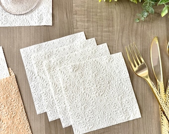 50+ Damask Wedding Cocktail Napkins - Wedding Shower  - White - Elegant - Anniversary  - Embossed  - Pressed