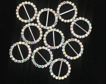 100 AB Circle Rhinestone Buckle -  Round Silver Buckles -  Ribbon Slider - Wedding Invitation  - Wholesale - DIY Supplies - Do It Yourself