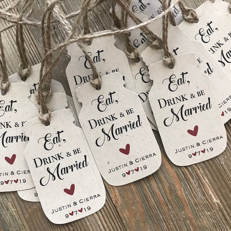 50 Eat Drink and Be Married Mason Jar Shaped Tags Gift Tags Rustic Favors Kraft Recycled Rustic Wedding Tag fully assembled