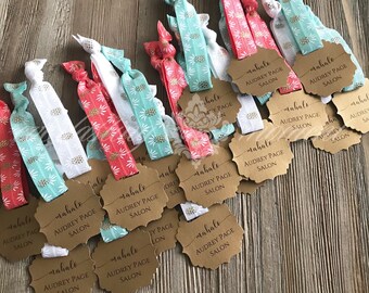 10 Mahalo Hair Tie Favors - Pineapple - Hawaiian Party - Tropical Wedding - Luau Favor - Elastic - Pony Tail Bands