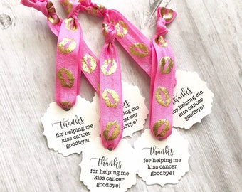 Cancer Survivor Party Favor- Kiss Cancer Goodbye - Thank you Favor - Pink Hair Tie - Royal Blue - Gold Kiss Print