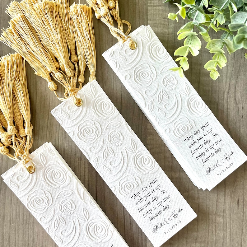 25 Literary Wedding Bookmark Favor Quote Bible Verse Rose Embossed Anniversary Save the Date Church Funeral Tassel image 3