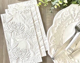 Embossed Peony Wedding Napkins - Elegant Floral White Dinner Napkin