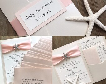Rhinestone Starfish Pocket Folder Invitation - Beach Wedding - Destination  - Cruise - Seaside - Belly Band - Customized - Blush Pink