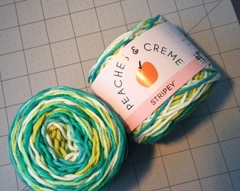 x ONE #28 Lot of 2  Peaches n Cream Yarn 4 0z. Total 100% Cotton Green Stripes
