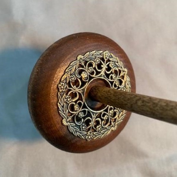 a. #1 ~ Ornate Brass Filigree Drop Spindle Bottom Whorl Walnut Finish Yarn Wool Roving 12" *