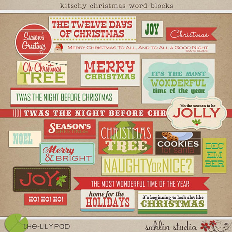 Kitschy Christmas Word Art Blocks Digital Scrapbooking Elements