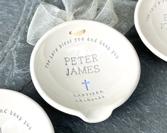Personalized Ceramic Holy Water Shell: Baptism Gift Boy Catholic
