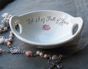 Handmade Ceramic Ring Bowl, Hail Mary, Rosary Holder, Catholic Gifts for Women