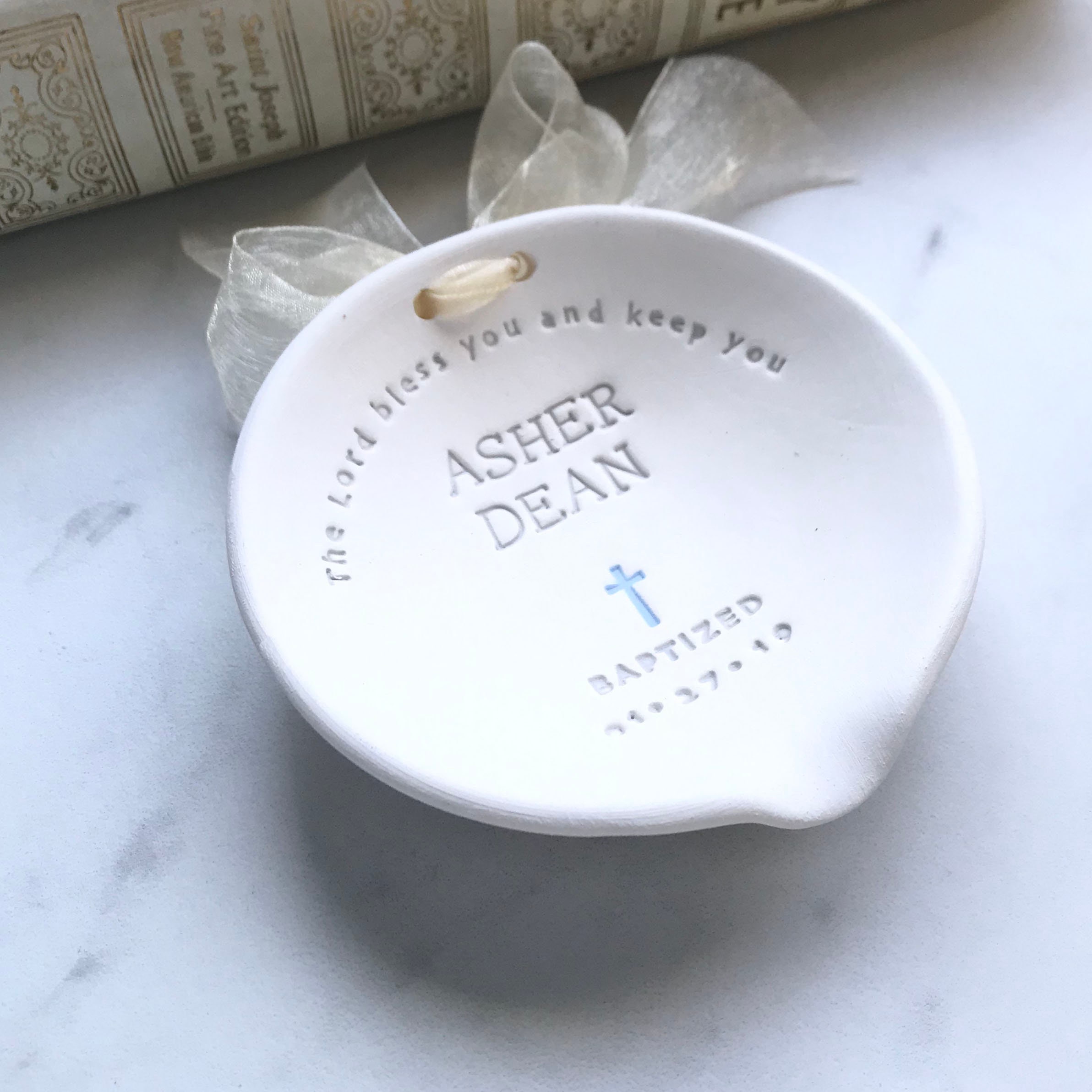 Cadeau de Baptême Garçon | Don La Parraine et Marraine Bol Pour Les Filleuls d'eau Bénite Poterie Ch