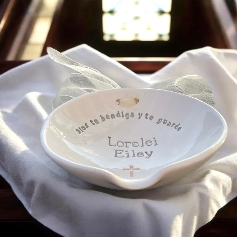 clareyclayworks girls spanish baptism bowl shown in church on white altar cloth