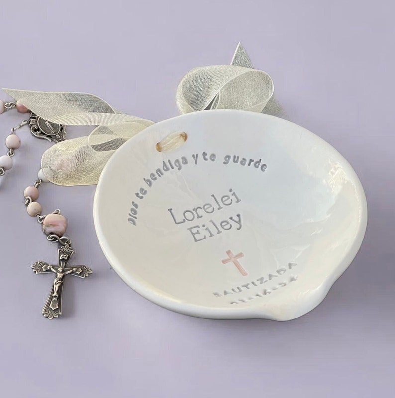 clareyclayworks girls spanish baptism bowl shown with rosary