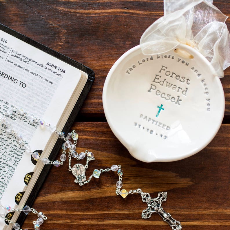 Baptism Gift Boy Christening Gift from Godparent Personalized Baptism Bowl for Godchild Holy Water Bowl Christian Pottery image 4