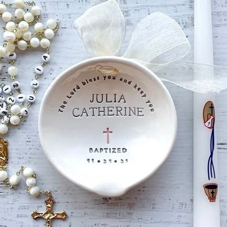 Personalized Ceramic Baptism Water Bowl, Goddaughter Christening Gift image 2