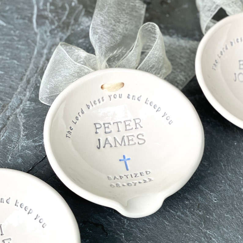 Baptism Gift Boy Christening Gift from Godparent Personalized Baptism Bowl for Godchild Holy Water Bowl Christian Pottery image 2