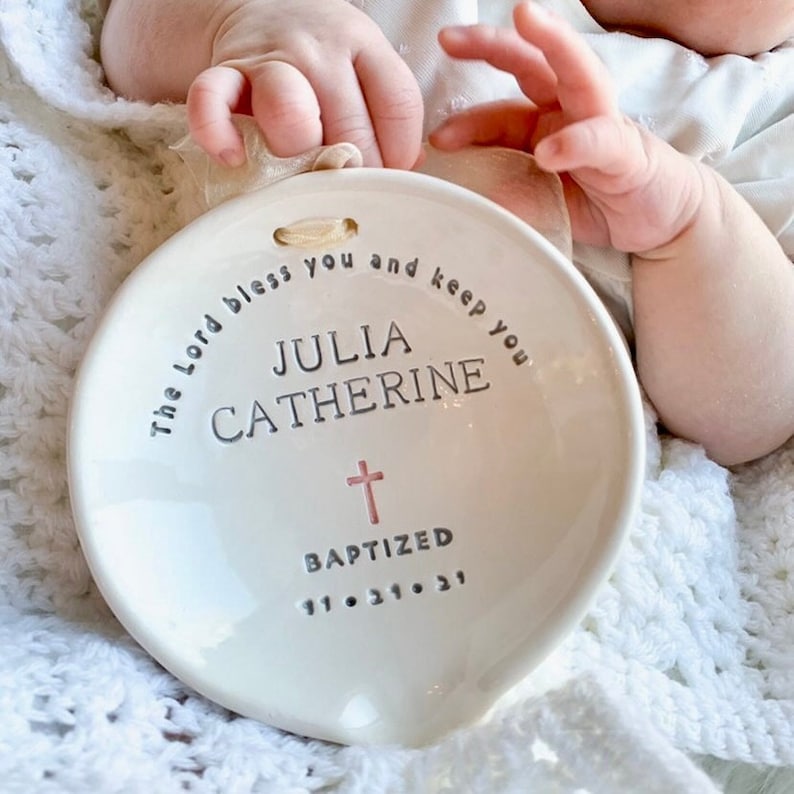Personalized Ceramic Baptism Water Bowl, Goddaughter Christening Gift image 1