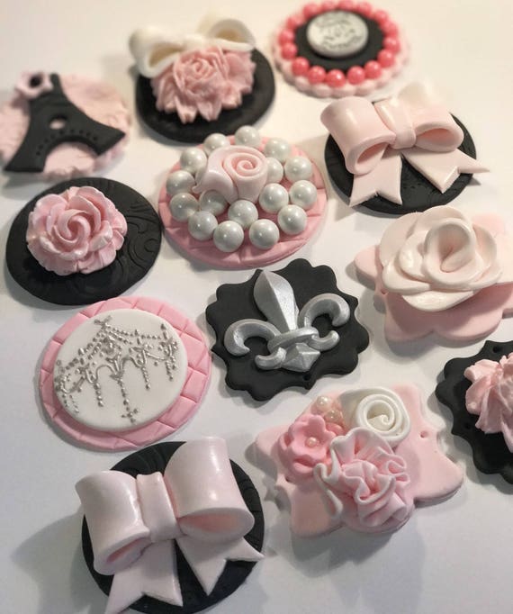 Paris inspired Pink Black Silver and White Fondant Cupcake | Etsy