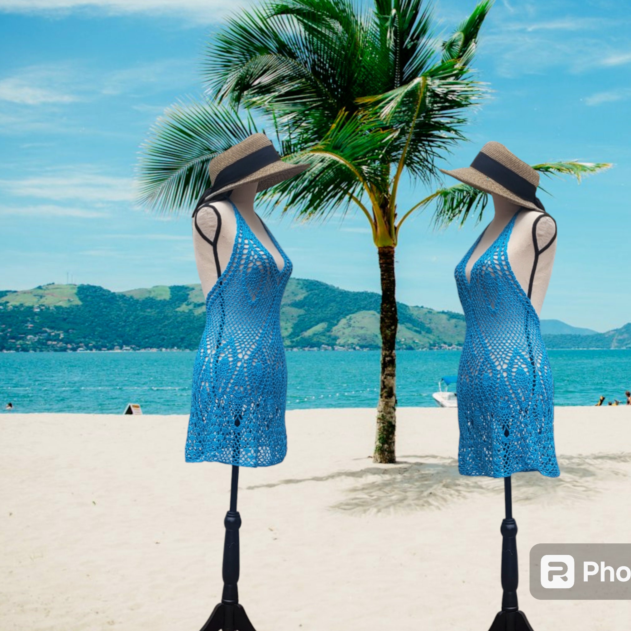 Handmade Crochet Blue Beach Dress: Halter Tunic Cover-up (S-M)