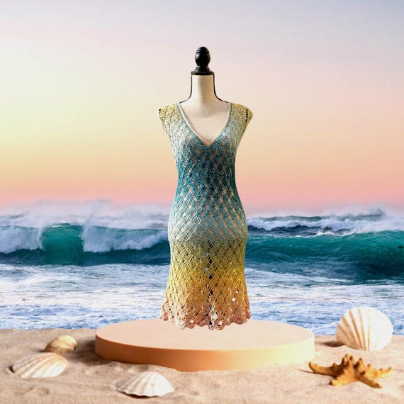 Handmade Crochet Beach Dress: Ombre Sunset Cover-Up, Size L