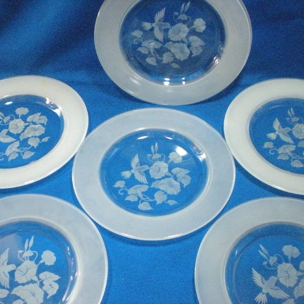 6 Avon Hummingbird Etched Crystal Plates 8 inch