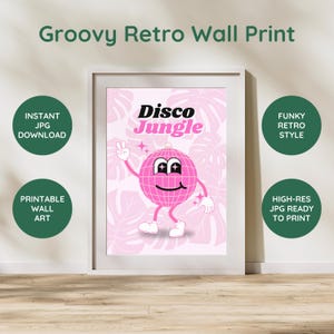 Arte mural imprimible de jungla disco rosa - Impresión de personajes de dibujos animados - Decoración retro con estilo - Descarga instantánea en formato JPG de alta calidad