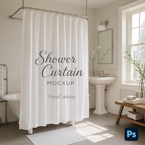 May include: A white shower curtain with the text "Shower Curtain MOCKUP TimeCurtain" in a bathroom setting. The curtain hangs from a metal rod, and the bathroom features a white tub, sink, and a wooden bench.