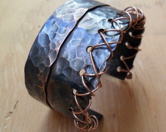 Men or Womens Copper Cuff Bracelet, stitched copper, wire work copper cuff, barbed wire