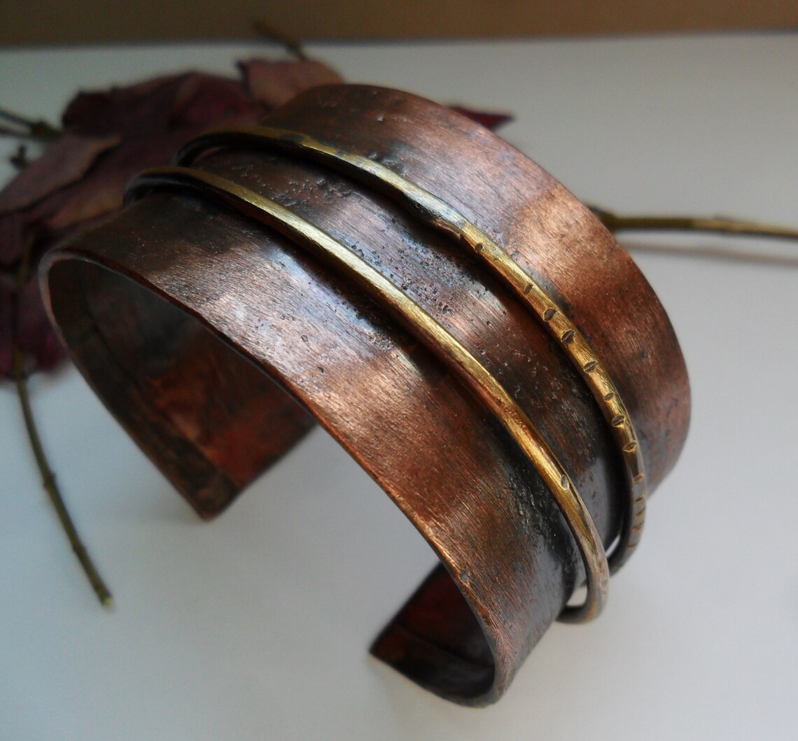 Copper Wide Cuff Bracelet Textured Band and Two Brass Wires Etsy