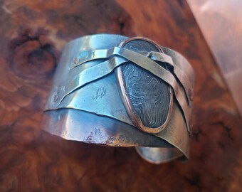 Damascus Steel Sterling Silver and Copper Cuff, Held Series, Sterling Cuff, Mens, Womens