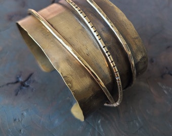 Brass and Brass Wire Cuff Bracelet, Mens or Womens Cuff