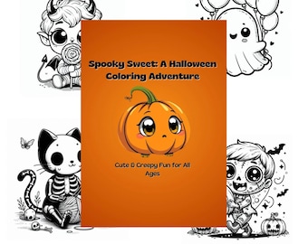 May include: A Halloween coloring book cover with an orange pumpkin with a cute face, a black and white cat skeleton, a ghost with balloons, and a zombie boy. The cover text reads "Spooky Sweet: A Halloween Coloring Adventure" and "Cute & Creepy Fun for All Ages".